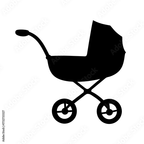 Isolated black silhouette of a vintage baby carriage or pram on white