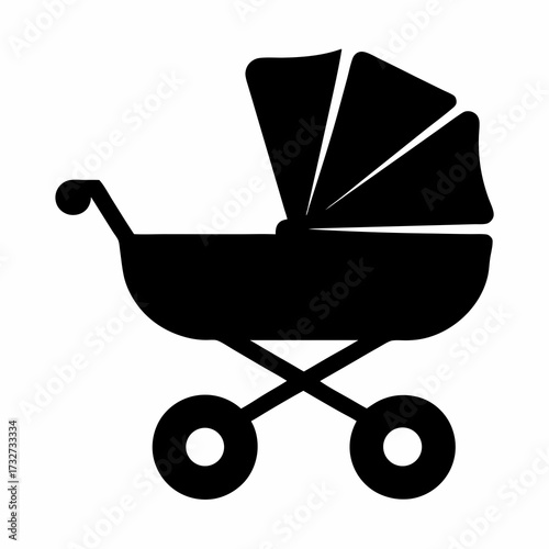 Silhouette Illustration of a Classic Baby Stroller with Canopy and Wheels