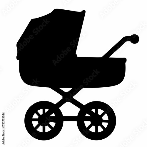 Silhouette of a classic baby stroller, a symbol of parenthood and childhood
