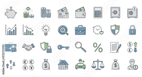 A collection of flat design line icons representing concepts of finance, business, banking, and security.