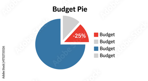 A pie chart illustrating budget allocation with a significant portion in blue, a red slice indicating a 25% reduction, and a gray segment.