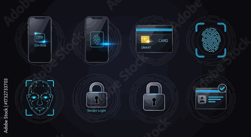 Collection of security and authentication icons including fingerprint, face scan, credit card, ID card, and smartphone login.