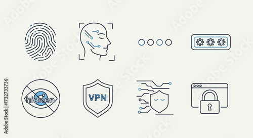 A collection of eight blue and grey line icons representing various aspects of digital security, privacy, and authentication methods, including biometrics, passwords, VPNs, and secure browsing.