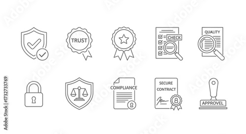 Collection of line art icons representing security, trust, quality, and compliance concepts.