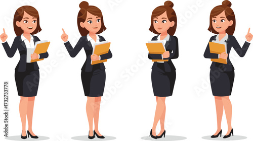Cartoon illustration of businesswoman holding documents, professional office woman character in formal suit, corporate worker, presentation, manager, vector art