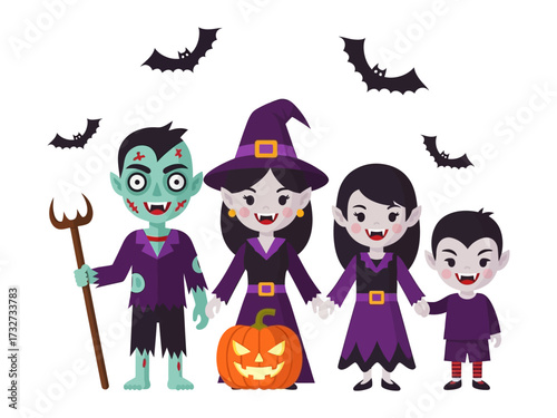 Halloween Family of Monsters: A charming illustration depicts a family of spooky, yet endearing monsters ready for Halloween. Included are a friendly witch, a vampire, a zombie.