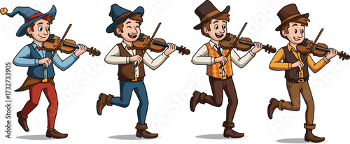 Cartoon illustration of happy violinist men playing violin while walking, classical folk musicians performing music, festival performers, vector art, isolated background