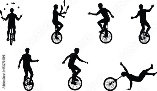 Dynamic silhouettes of people riding unicycles and juggling, including balancing and falling, for skill, balance, and circus themes