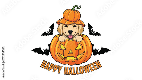 Spooky Puppy Halloween: A cheerful puppy emerges from a carved pumpkin, surrounded by playful bat silhouettes and festive Halloween spirit. The image exudes a sense of innocent fun.