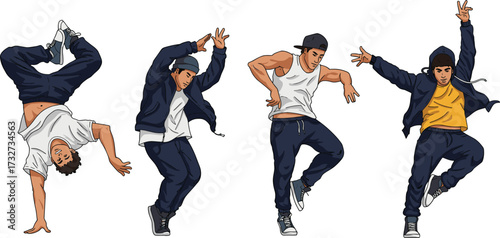 Cool street dancers performing hip hop moves, breakdance illustration, urban dance style, energetic performance, modern choreography, youth culture, artistic expression