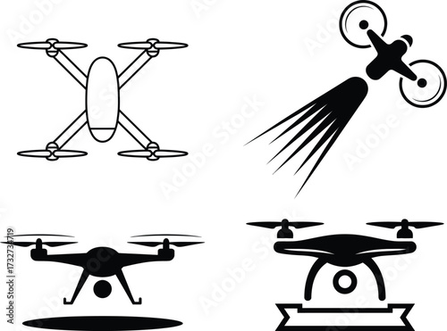 Four unique drone graphics capturing aerial photography and surveillance technology