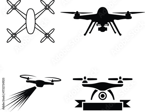 Quadrocopter drone silhouettes set aerial photography technology future flight