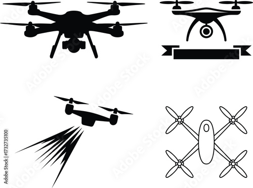 Four distinct drone silhouettes and line art icons for aerial photography and technology concepts