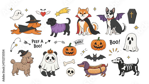 Halloween Dog Party: A collection of adorably dressed dogs in spooky costumes, embodying the festive spirit of Halloween. Set against a plain backdrop, each dog uniquely portrays the fun.