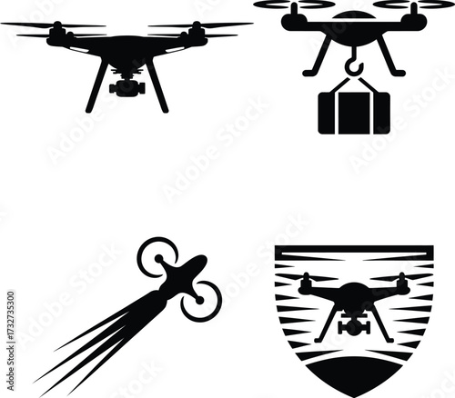 Silhouette drone icons set quadcopter aerial photography delivery security surveillance technology