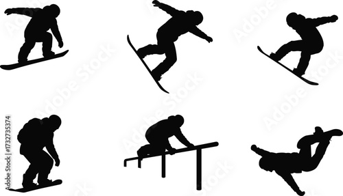 Silhouettes of snowboarders performing various tricks and jumps on snow and rails, for winter sports and action concepts