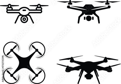 Modern drone silhouettes quadcopter aerial photography technology flying machines set