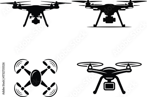 Modern quadcopter drone silhouettes four diverse aerial photography and surveillance drones