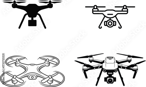 Quadrotor drone icons set aerial photography unmanned aerial vehicle flying camera technology