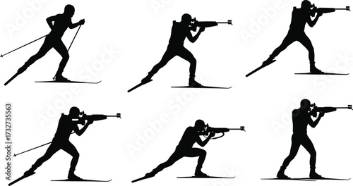 Dynamic silhouettes of biathlon athletes, showing skiing and shooting poses, for winter sports, competition, and endurance themes