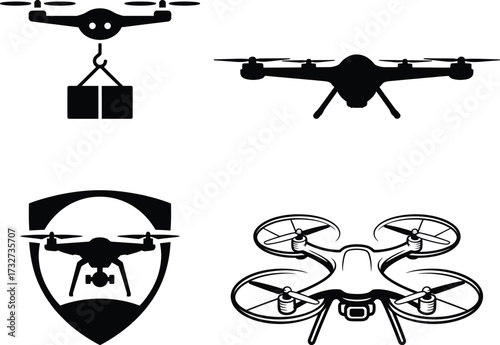 Set of four drone icons representing aerial delivery surveillance and advanced technology