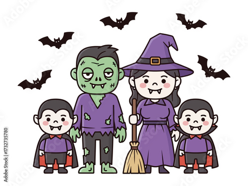 Spooky Family Portrait: A charming family, dressed in Halloween costumes, poses against a background of bats and eerie shadows.