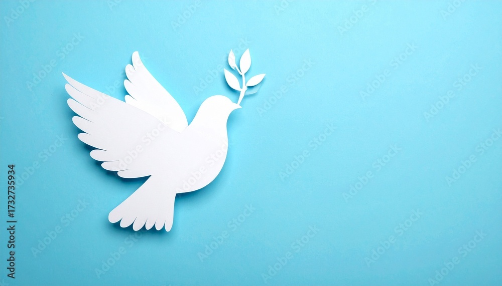 Fototapeta premium White dove silhouette in flight holding olive branch—set against light blue background, symbolizing peace, hope, and reconciliation.
