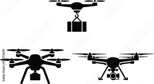 Modern drone silhouettes set featuring delivery cargo aerial photography and surveillance