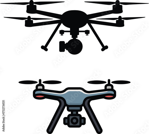 Modern aerial photography drones two futuristic flying robotic aircraft for surveillance and imaging