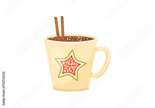 Christmas cup, hot chocolate and cacao mug, winter cute drink with cinnamon. Holiday cartoon beverage icon for New Year isolated on white bg. Season cozy dessert food. Xmas vector illustration