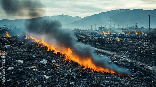 A vast landfill ablaze with fire and smoke, highlighting environmental pollution and its consequences.