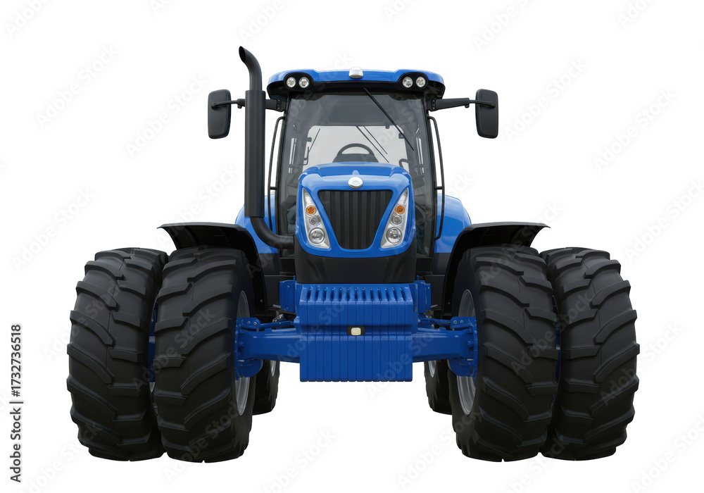 Obraz premium Isolated blue farm tractor with large tires seen head-on, heavy agricultural vehicle