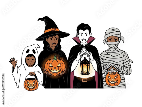 Spooky Costume Gathering: Children are dressed up in diverse halloween costumes holding trick or treat lanterns. A lighthearted illustration capturing the spooky spirit of Halloween. 