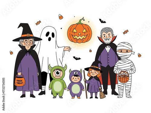 Halloween Gathering: A charming illustrated ensemble of Halloween characters, gathered for a festive celebration, showcasing a jack-o'-lantern at the center.