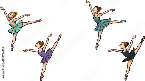 Graceful ballerina dancers in elegant colorful costumes, performing classical ballet poses, artistic dance illustration, beautiful movement, stage performance, creative art