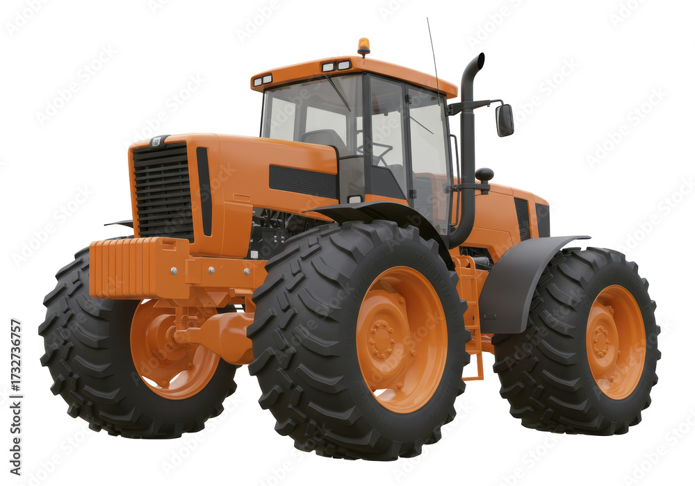 Obraz premium Isolated orange farm tractor from low angle view, modern industrial vehicle for agriculture