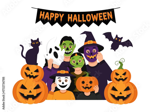 Spooky Halloween Gathering: A delightful scene of festive merriment featuring children in costumes surrounded by jack-o'-lanterns and playful decorations, capturing the essence of Halloween joy.