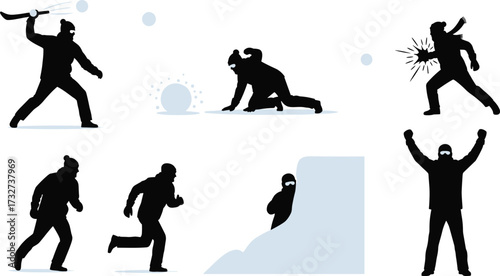 Dynamic silhouettes of people having a snowball fight, including throwing, running, and hiding, for winter and holiday themes