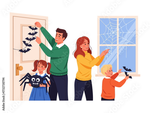Spooky Halloween Decoration with Family: A family joins together, transforming their home into a haunted haven for Halloween, enhancing the atmosphere with traditional spooky decorations.