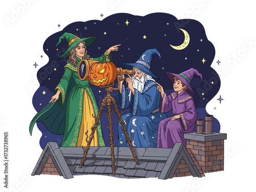 Night Sky Wizards: A group of wizards, perched atop a rooftop under the moon and stars, uses a carved pumpkin telescope to observe the heavens, capturing a blend of fantasy and Halloween aesthetics.