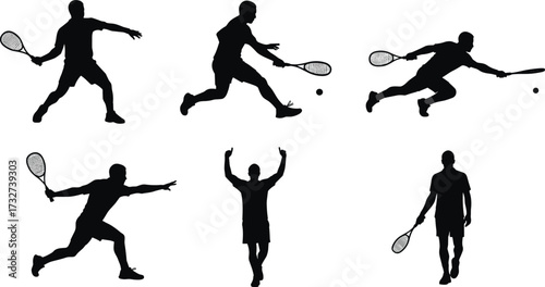 Dynamic silhouettes of tennis and squash players in various action poses, including serving, hitting, and celebrating for sports concepts