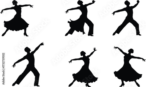 Elegant silhouettes of ballroom dancers in various dynamic poses, showcasing graceful movement and performance for dance and romance themes