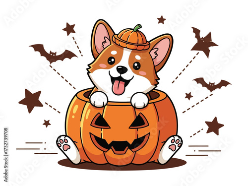 Corgi's Spooktacular Adventure: A charming corgi pup peeks from a vibrant pumpkin, adorned in a festive hat, ready to embrace the spooky fun of Halloween amidst playful bats and stars.