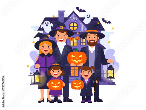 Spooky Halloween Family Portrait: A joyful family, donned in creative costumes, stands before a whimsical house, embracing the spirit of Halloween with carved pumpkins and cheerful ghosts.