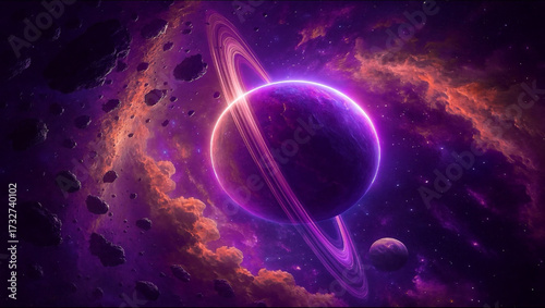 A visually stunning motion graphic featuring a large ringed planet illuminated in vibrant purples and pinks, surrounded by a dense asteroid field and glowing nebula clouds. The scene evokes a sense of