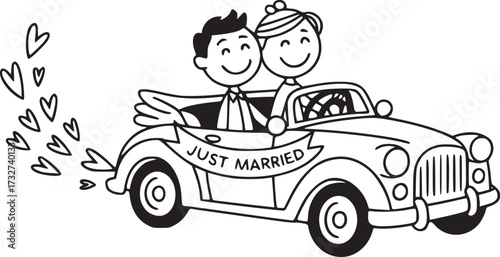 Happy Newlyweds' Joyful Journey: A charming line art illustration captures a just-married couple, radiant with happiness, embarking on their life's journey in a vintage convertible.