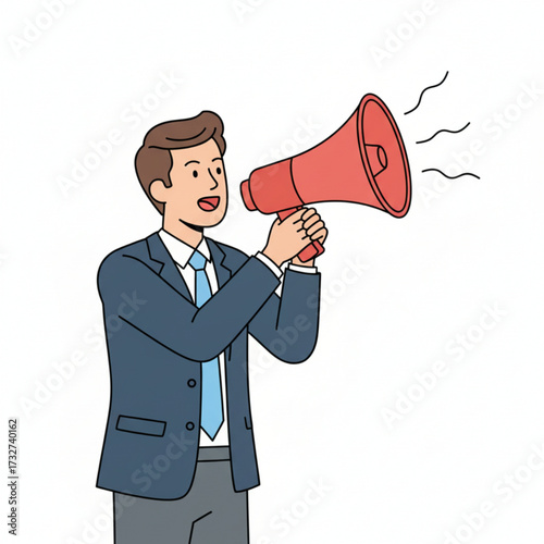 Businessman speaking through a megaphone. Perfect illustration for announcement, marketing, communication, and leadership concepts.