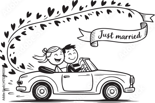 Wedding Day Getaway: A newlywed couple embarks on their exciting journey in a classic convertible car, their faces beaming with joy as they depart, marked by 'Just Married' ribbon. 