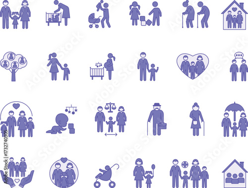 Colored Family Icon Set. Vector Illustrations Parents, Mother, Father, Children, Grandmother, Grandfather, Adoption, Pregnancy, Twins, Baby in Stroller, Family Insurance, and More