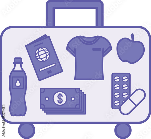 Colored Emergency Supplies Icon. Vector Illustration. Travel Suitcase with Passport, T-shirt, Money, Apple, Medicine, and Water. Items Necessary for Survival. World Refugee Concept